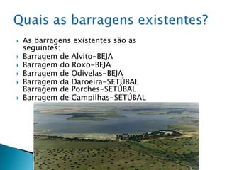    As barragens existentes são as
    seguintes:
   Barragem de Alvito-BEJA
   Barragem do Roxo-BEJA
   Barragem de Odivelas-BEJA
   Barragem da Daroeira-SETÚBAL
    Barragem de Porches-SETÚBAL
   Barragem de Campilhas-SETÚBAL
 