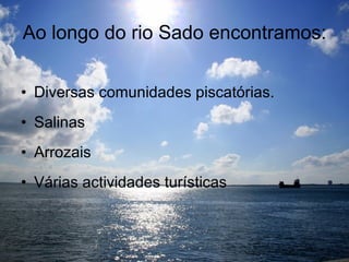 Ao longo do rio Sado encontramos: Diversas comunidades piscatórias. Salinas Arrozais Várias actividades turísticas 