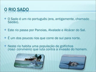  O Sado é um rio português (era, antigamente, chamado
Sádão).
 Este rio passa por Panoias, Alvalade e Alcácer do Sal.
 É um dos poucos rios que corre de sul para norte.
 Neste rio habita uma população de golfinhos
(roaz- corvineiro) que luta contra a invasão do homem.
 