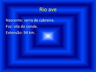 Rio ave Nascente: serra de cabreira. Foz: vila do conde. Extensão: 94 km. 