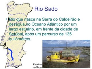 Rio Sado
• Rio que nasce na Serra do Caldeirão e
  desagua no Oceano Atlântico por um
  largo estuário, em frente da cidade de
  Setúbal, após um percurso de 135
  quilómetros.




              Estuário
              do Sado
 