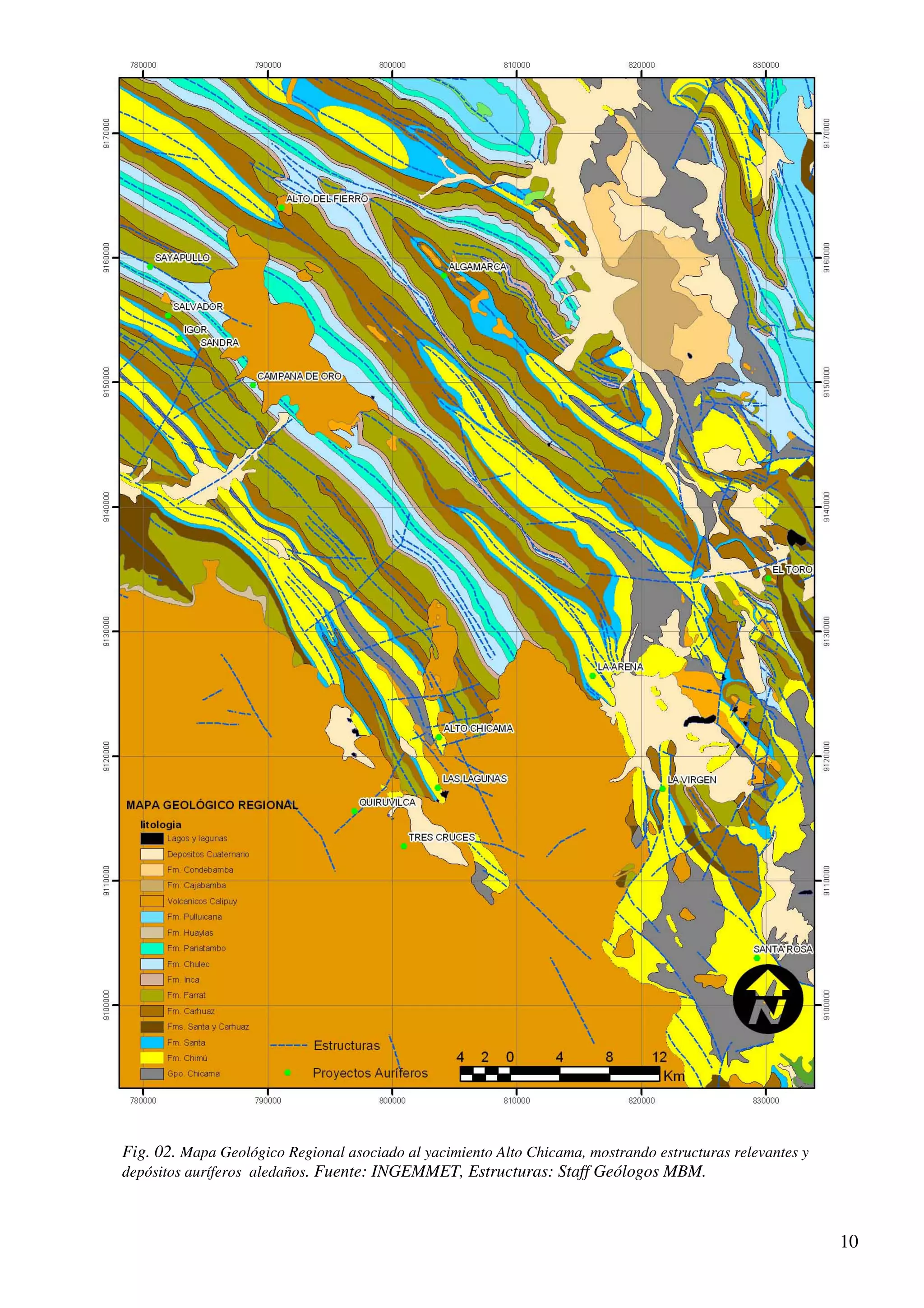 Fig. 02. Mapa Geológico Regional asociado al yacimiento Alto Chicama, mostrando estructuras relevantes y
depósitos auríferos aledaños. Fuente: INGEMMET, Estructuras: Staff Geólogos MBM.



                                                                                                           10
 