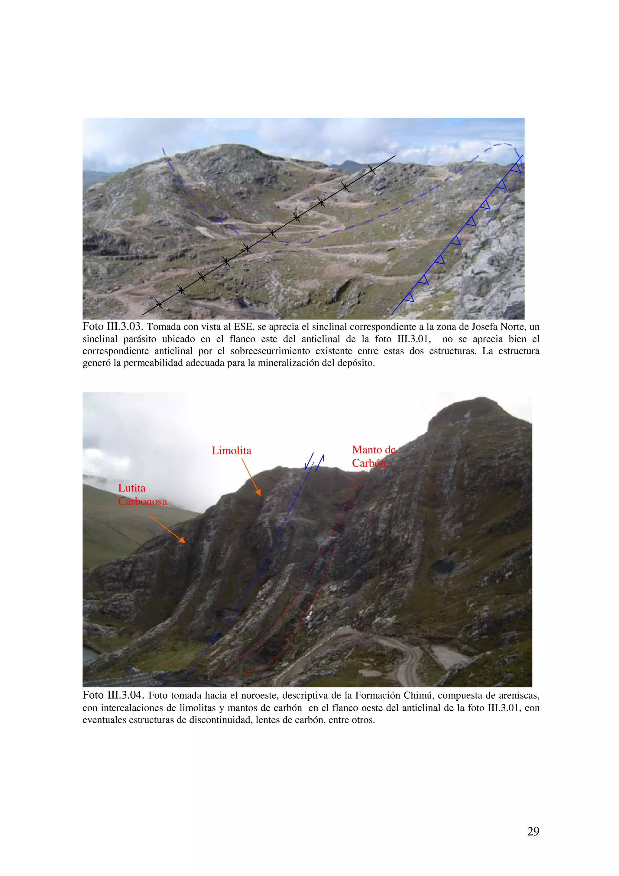 Foto III.3.03. Tomada con vista al ESE, se aprecia el sinclinal correspondiente a la zona de Josefa Norte, un
sinclinal parásito ubicado en el flanco este del anticlinal de la foto III.3.01, no se aprecia bien el
correspondiente anticlinal por el sobreescurrimiento existente entre estas dos estructuras. La estructura
generó la permeabilidad adecuada para la mineralización del depósito.




                               Limolita                         Manto de
                                                                Carbón

        Lutita
        Carbonosa




Foto III.3.04. Foto tomada hacia el noroeste, descriptiva de la Formación Chimú, compuesta de areniscas,
con intercalaciones de limolitas y mantos de carbón en el flanco oeste del anticlinal de la foto III.3.01, con
eventuales estructuras de discontinuidad, lentes de carbón, entre otros.




                                                                                                          29
 