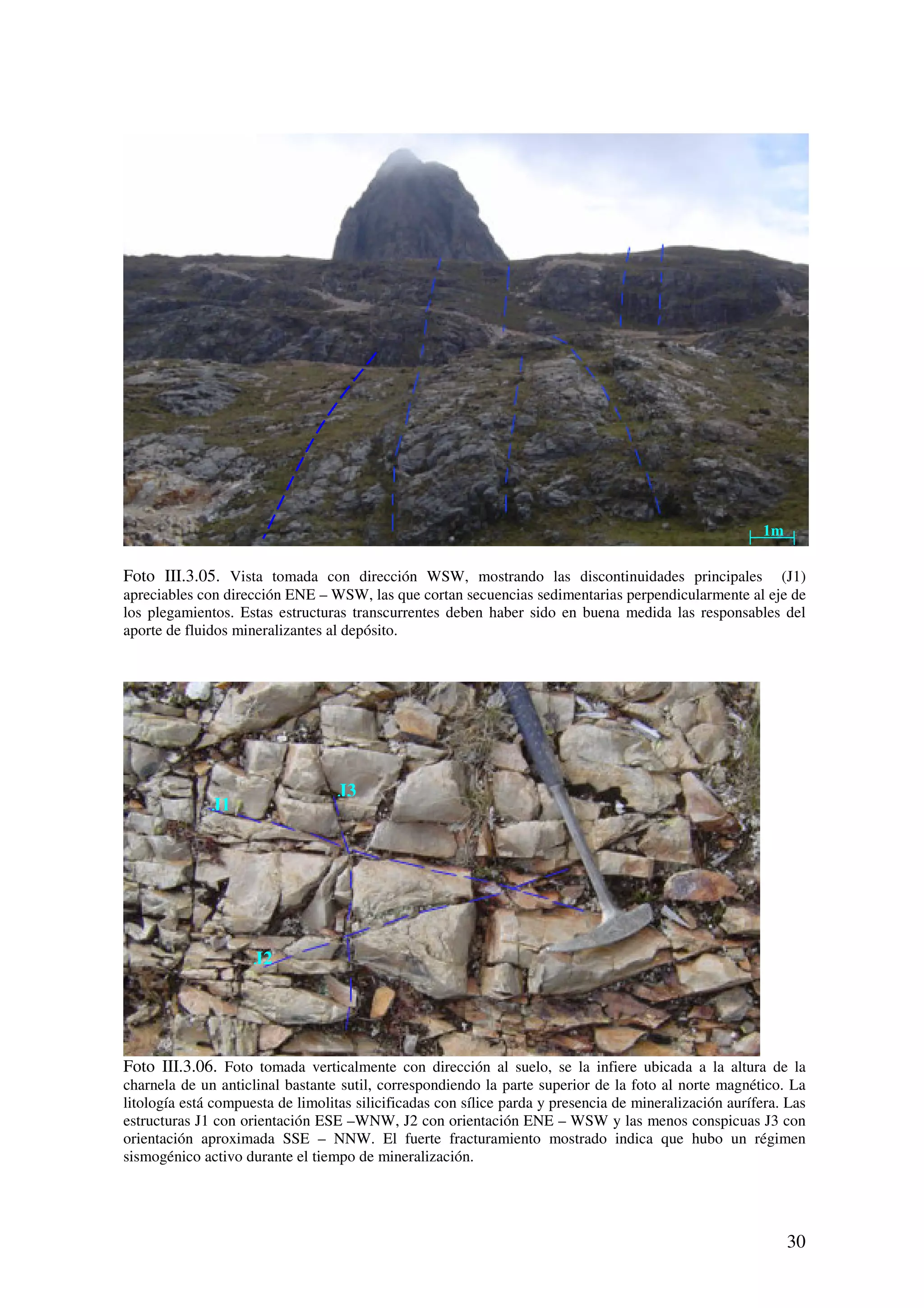 1m

Foto III.3.05. Vista tomada con dirección WSW, mostrando las discontinuidades principales            (J1)
apreciables con dirección ENE – WSW, las que cortan secuencias sedimentarias perpendicularmente al eje de
los plegamientos. Estas estructuras transcurrentes deben haber sido en buena medida las responsables del
aporte de fluidos mineralizantes al depósito.




                                   J3
              J1




                     J2




Foto III.3.06. Foto tomada verticalmente con dirección al suelo, se la infiere ubicada a la altura de la
charnela de un anticlinal bastante sutil, correspondiendo la parte superior de la foto al norte magnético. La
litología está compuesta de limolitas silicificadas con sílice parda y presencia de mineralización aurífera. Las
estructuras J1 con orientación ESE –WNW, J2 con orientación ENE – WSW y las menos conspicuas J3 con
orientación aproximada SSE – NNW. El fuerte fracturamiento mostrado indica que hubo un régimen
sismogénico activo durante el tiempo de mineralización.




                                                                                                             30
 