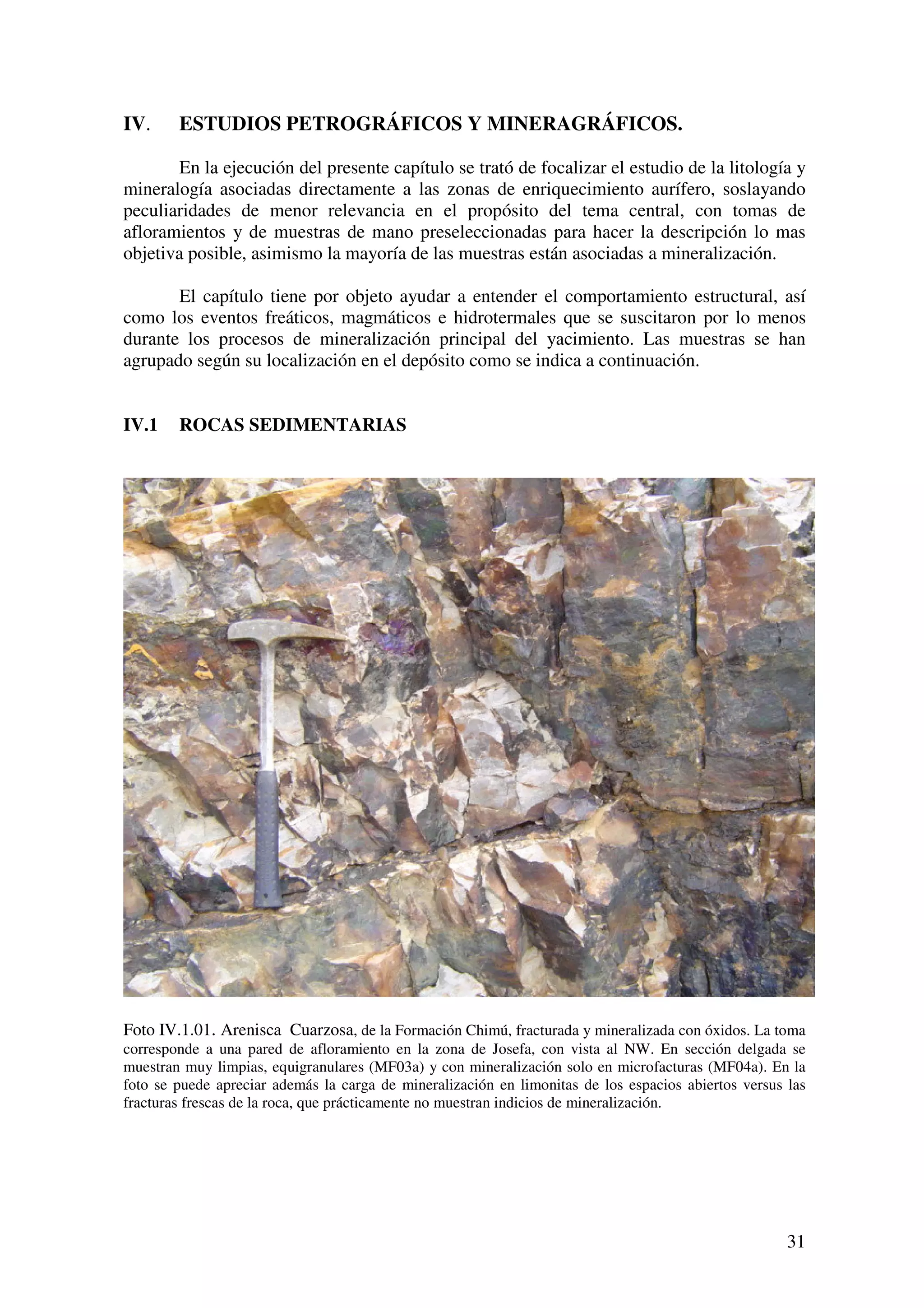IV.     ESTUDIOS PETROGRÁFICOS Y MINERAGRÁFICOS.

       En la ejecución del presente capítulo se trató de focalizar el estudio de la litología y
mineralogía asociadas directamente a las zonas de enriquecimiento aurífero, soslayando
peculiaridades de menor relevancia en el propósito del tema central, con tomas de
afloramientos y de muestras de mano preseleccionadas para hacer la descripción lo mas
objetiva posible, asimismo la mayoría de las muestras están asociadas a mineralización.

       El capítulo tiene por objeto ayudar a entender el comportamiento estructural, así
como los eventos freáticos, magmáticos e hidrotermales que se suscitaron por lo menos
durante los procesos de mineralización principal del yacimiento. Las muestras se han
agrupado según su localización en el depósito como se indica a continuación.


IV.1    ROCAS SEDIMENTARIAS




Foto IV.1.01. Arenisca Cuarzosa, de la Formación Chimú, fracturada y mineralizada con óxidos. La toma
corresponde a una pared de afloramiento en la zona de Josefa, con vista al NW. En sección delgada se
muestran muy limpias, equigranulares (MF03a) y con mineralización solo en microfacturas (MF04a). En la
foto se puede apreciar además la carga de mineralización en limonitas de los espacios abiertos versus las
fracturas frescas de la roca, que prácticamente no muestran indicios de mineralización.




                                                                                                      31
 