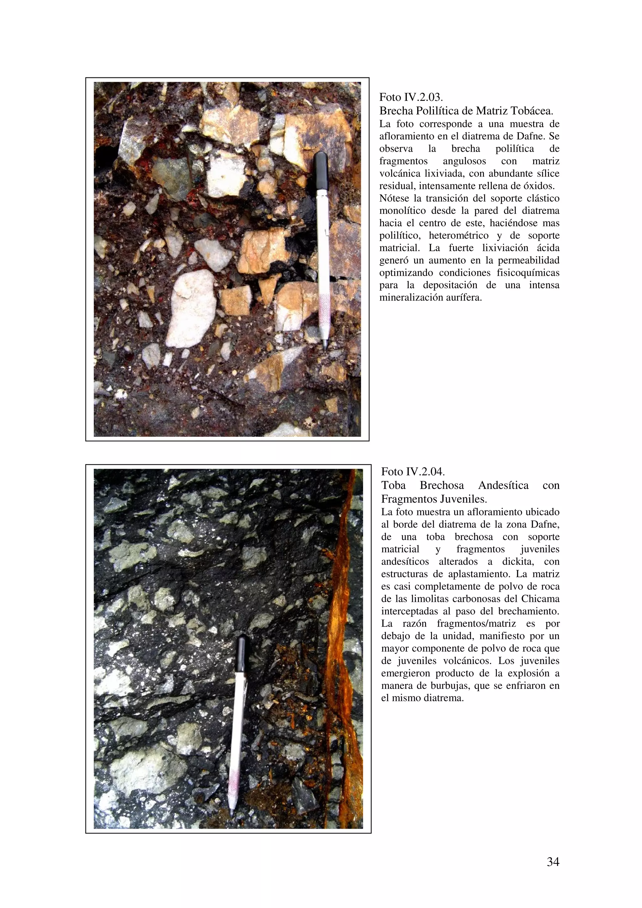 Foto IV.2.03.
Brecha Polilítica de Matriz Tobácea.
La foto corresponde a una muestra de
afloramiento en el diatrema de Dafne. Se
observa la brecha polilítica de
fragmentos angulosos con matriz
volcánica lixiviada, con abundante sílice
residual, intensamente rellena de óxidos.
Nótese la transición del soporte clástico
monolítico desde la pared del diatrema
hacia el centro de este, haciéndose mas
polilítico, heterométrico y de soporte
matricial. La fuerte lixiviación ácida
generó un aumento en la permeabilidad
optimizando condiciones fisicoquímicas
para la depositación de una intensa
mineralización aurífera.




Foto IV.2.04.
Toba Brechosa Andesítica             con
Fragmentos Juveniles.
La foto muestra un afloramiento ubicado
al borde del diatrema de la zona Dafne,
de una toba brechosa con soporte
matricial y fragmentos juveniles
andesíticos alterados a dickita, con
estructuras de aplastamiento. La matriz
es casi completamente de polvo de roca
de las limolitas carbonosas del Chicama
interceptadas al paso del brechamiento.
La razón fragmentos/matriz es por
debajo de la unidad, manifiesto por un
mayor componente de polvo de roca que
de juveniles volcánicos. Los juveniles
emergieron producto de la explosión a
manera de burbujas, que se enfriaron en
el mismo diatrema.




                                      34
 