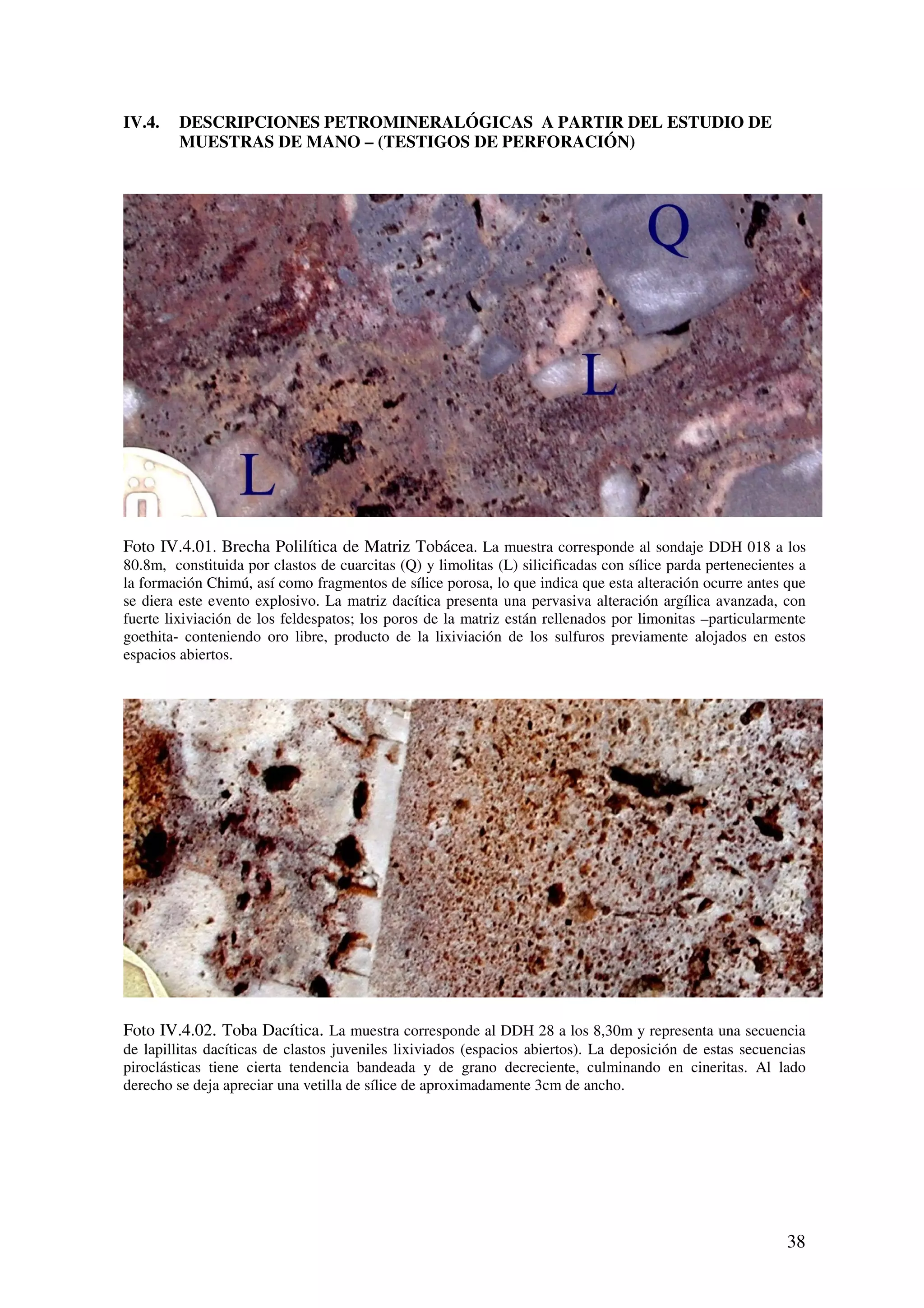 IV.4.    DESCRIPCIONES PETROMINERALÓGICAS A PARTIR DEL ESTUDIO DE
         MUESTRAS DE MANO – (TESTIGOS DE PERFORACIÓN)




Foto IV.4.01. Brecha Polilítica de Matriz Tobácea. La muestra corresponde al sondaje DDH 018 a los
80.8m, constituida por clastos de cuarcitas (Q) y limolitas (L) silicificadas con sílice parda pertenecientes a
la formación Chimú, así como fragmentos de sílice porosa, lo que indica que esta alteración ocurre antes que
se diera este evento explosivo. La matriz dacítica presenta una pervasiva alteración argílica avanzada, con
fuerte lixiviación de los feldespatos; los poros de la matriz están rellenados por limonitas –particularmente
goethita- conteniendo oro libre, producto de la lixiviación de los sulfuros previamente alojados en estos
espacios abiertos.




Foto IV.4.02. Toba Dacítica. La muestra corresponde al DDH 28 a los 8,30m y representa una secuencia
de lapillitas dacíticas de clastos juveniles lixiviados (espacios abiertos). La deposición de estas secuencias
piroclásticas tiene cierta tendencia bandeada y de grano decreciente, culminando en cineritas. Al lado
derecho se deja apreciar una vetilla de sílice de aproximadamente 3cm de ancho.




                                                                                                           38
 