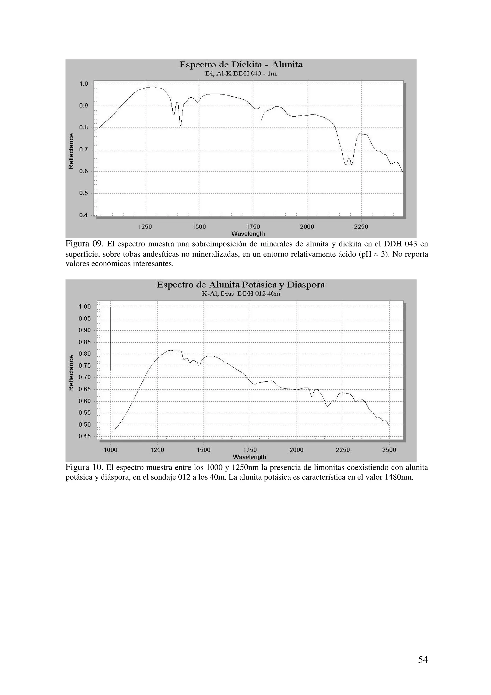 Figura 09. El espectro muestra una sobreimposición de minerales de alunita y dickita en el DDH 043 en
superficie, sobre tobas andesíticas no mineralizadas, en un entorno relativamente ácido (pH ≈ 3). No reporta
valores económicos interesantes.




Figura 10. El espectro muestra entre los 1000 y 1250nm la presencia de limonitas coexistiendo con alunita
potásica y diáspora, en el sondaje 012 a los 40m. La alunita potásica es característica en el valor 1480nm.




                                                                                                              54
 