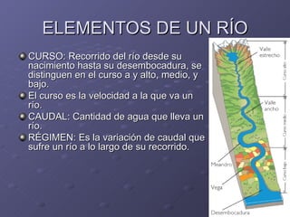 ELEMENTOS DE UN RÍO CURSO: Recorrido del río desde su nacimiento hasta su desembocadura, se distinguen en el curso a y alto, medio, y bajo. El curso es la velocidad a la que va un río. CAUDAL: Cantidad de agua que lleva un río. RÉGIMEN: Es la variación de caudal que sufre un río a lo largo de su recorrido. 