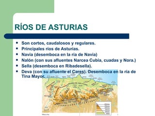RÍOS DE ASTURIAS Son cortos, caudalosos y regulares. Principales ríos de Asturias. Navia (desemboca en la ría de Navia) Nalón (con sus afluentes Narcea Cubia, cuadas y Nora.) Sella (desemboca en Ribadesella). Deva (con su afluente el Cares). Desemboca en la ría de Tina Mayor. 