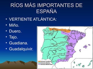 RÍOS MÁS IMPORTANTES DE ESPAÑA VERTIENTE ATLÁNTICA: Miño. Duero. Tajo. Guadiana. Guadalquivir. 