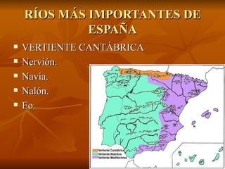 RÍOS MÁS IMPORTANTES DE ESPAÑA VERTIENTE CANTÁBRICA Nervión. Navia. Nalón. Eo. 