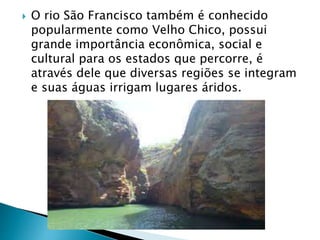  O rio São Francisco também é conhecido
popularmente como Velho Chico, possui
grande importância econômica, social e
cultural para os estados que percorre, é
através dele que diversas regiões se integram
e suas águas irrigam lugares áridos.
 