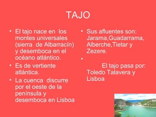 TAJO
• El tajo nace en los      • Sus afluentes son:
  montes universales         Jarama,Guadarrama,
  (sierra de Albarracín)     Alberche,Tietar y
  y desemboca en el          Zezere.
  océano atlántico.        •
• Es de vertiente                 El tajo pasa por:
  atlántica.                 Toledo Talavera y
• La cuenca discurre         Lisboa
  por el oeste de la
  península y
  desemboca en Lisboa
 
