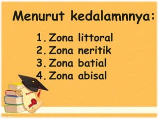 Menurut kedalamnnya:
1. Zona littoral
2. Zona neritik
3. Zona batial
4. Zona abisal