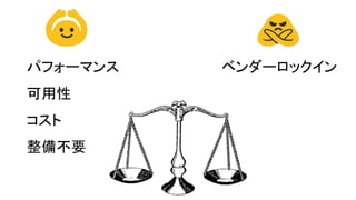 パフォーマンス
可用性
コスト
整備不要
ベンダーロックイン
 