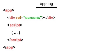 <app>
<div ref=”screens”></div>
<script>
( … )
</script>
</app>
app.tag
 