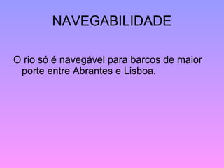 NAVEGABILIDADE O rio só é navegável para barcos de maior porte entre Abrantes e Lisboa. 