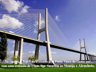 Na capital, o Tejo é atravessado pela Ponte Vasco da Gama que ,
com uma extensão de 17km, liga Sacavém ao Montijo e Alcochete.
 