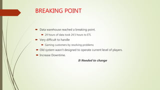 BREAKING POINT
 Data warehouse reached a breaking point.
 24 hours of data took 24.5 hours to ETL
 Very difficult to handle
 Gaming customers by resolving problems
 Old system wasn’t designed to operate current level of players.
 Increase Downtime.
It Needed to change
 