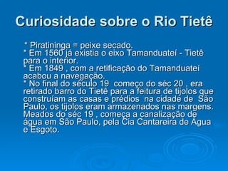 Curiosidade sobre o Rio Tietê * Piratininga = peixe secado. * Em 1560 já existia o eixo Tamanduateí - Tietê  para o interior. * Em 1849 , com a retificação do Tamanduateí acabou a navegação.  * No final do século 19  começo do séc 20 , era retirado barro do Tietê para a feitura de tijolos que construíam as casas e prédios  na cidade de  São Paulo, os tijolos eram armazenados nas margens. Meados do séc 19 , começa a canalização de água em São Paulo, pela Cia Cantareira de Água e Esgoto. 