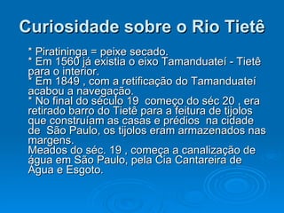 Curiosidade sobre o Rio Tietê * Piratininga = peixe secado. * Em 1560 já existia o eixo Tamanduateí - Tietê  para o interior. * Em 1849 , com a retificação do Tamanduateí acabou a navegação.  * No final do século 19  começo do séc 20 , era retirado barro do Tietê para a feitura de tijolos que construíam as casas e prédios  na cidade de  São Paulo, os tijolos eram armazenados nas margens. Meados do séc. 19 , começa a canalização de água em São Paulo, pela Cia Cantareira de Água e Esgoto. 