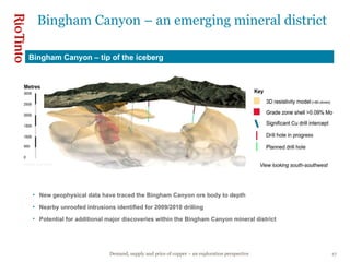 Bingham Canyon – an emerging mineral district Bingham Canyon – tip of the iceberg New geophysical data have traced the Bingham Canyon ore body to depth Nearby unroofed intrusions identified for 2009/2010 drilling Potential for additional major discoveries within the Bingham Canyon mineral district 