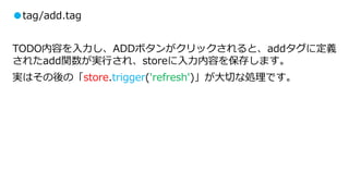 ●tag/add.tag
TODO内容を入力し、ADDボタンがクリックされると、addタグに定義
されたadd関数が実行され、storeに入力内容を保存します。
実はその後の「store.trigger('refresh')」が大切な処理です。
 