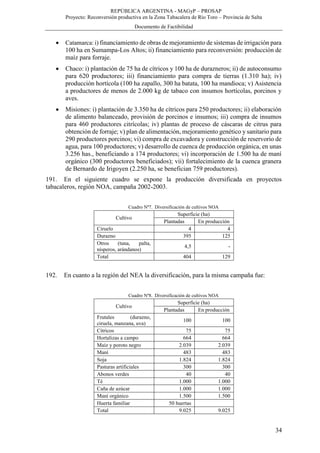 REPÚBLICA ARGENTINA - MAGyP – PROSAP
Proyecto: Reconversión productiva en la Zona Tabacalera de Río Toro – Provincia de Salta
Documento de Factibilidad
34
 Catamarca: i) financiamiento de obras de mejoramiento de sistemas de irrigación para
100 ha en Sumampa-Los Altos; ii) financiamiento para reconversión: producción de
maíz para forraje.
 Chaco: i) plantación de 75 ha de cítricos y 100 ha de durazneros; ii) de autoconsumo
para 620 productores; iii) financiamiento para compra de tierras (1.310 ha); iv)
producción hortícola (100 ha zapallo, 300 ha batata, 100 ha mandioca; v) Asistencia
a productores de menos de 2.000 kg de tabaco con insumos hortícolas, porcinos y
aves.
 Misiones: i) plantación de 3.350 ha de cítricos para 250 productores; ii) elaboración
de alimento balanceado, provisión de porcinos e insumos; iii) compra de insumos
para 460 productores citrícolas; iv) plantas de proceso de cáscaras de citrus para
obtención de forraje; v) plan de alimentación, mejoramiento genético y sanitario para
290 productores porcinos; vi) compra de excavadora y construcción de reservorio de
agua, para 100 productores; v) desarrollo de cuenca de producción orgánica, en unas
3.256 has., beneficiando a 174 productores; vi) incorporación de 1.500 ha de maní
orgánico (300 productores beneficiados); vii) fortalecimiento de la cuenca granera
de Bernardo de Irigoyen (2.250 ha, se benefician 759 productores).
191. En el siguiente cuadro se expone la producción diversificada en proyectos
tabacaleros, región NOA, campaña 2002-2003.
Cuadro Nº7. Diversificación de cultivos NOA
Cultivo
Superficie (ha)
Plantadas En producción
Ciruelo 4 4
Durazno 395 125
Otros (tuna, palta,
nísperos, arándanos)
4,5 -
Total 404 129
192. En cuanto a la región del NEA la diversificación, para la misma campaña fue:
Cuadro Nº8. Diversificación de cultivos NOA
Cultivo
Superficie (ha)
Plantadas En producción
Frutales (durazno,
ciruela, manzana, uva)
100 100
Cítricos 75 75
Hortalizas a campo 664 664
Maíz y poroto negro 2.039 2.039
Maní 483 483
Soja 1.824 1.824
Pasturas artificiales 300 300
Abonos verdes 40 40
Té 1.000 1.000
Caña de azúcar 1.000 1.000
Maní orgánico 1.500 1.500
Huerta familiar 50 huertas
Total 9.025 9.025
 