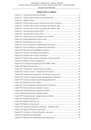 REPÚBLICA ARGENTINA - MAGyP – PROSAP
Proyecto: Reconversión productiva en la Zona Tabacalera de Río Toro – Provincia de Salta
Documento de Factibilidad
ÍNDICE DE CUADROS
Cuadro Nº1. Estructura del Documento Principal....................................................................................... 6
Cuadro Nº2. Célula de cultivo relevada en el área del proyecto ............................................................... 28
Cuadro Nº3. Modelos de Finca ................................................................................................................. 30
Cuadro Nº4. Célula de cultivo actual y con proyecto-Los Altos, Catamarca............................................ 31
Cuadro Nº5. Célula de cultivo actual y con proyecto-Río Mojotoro, Salta............................................... 32
Cuadro Nº6. Célula de cultivo actual y con proyecto-Río Corralito, Salta ............................................... 32
Cuadro Nº7. Diversificación de cultivos NOA ......................................................................................... 34
Cuadro Nº8. Diversificación de cultivos NOA ......................................................................................... 34
Cuadro Nº9. Eficiencias de riego con proyecto zona A, SCRP................................................................. 40
Cuadro Nº10. Célula Simplificada de Cultivo actual .................................................................................. 40
Cuadro Nº11. Características de los canales ............................................................................................... 42
Cuadro Nº12. Costos de Operación y Mantenimiento Sin Proyecto ........................................................... 46
Cuadro Nº13. Costos de Operación y Mantenimiento Sin Proyecto ........................................................... 46
Cuadro Nº14. Indicadores de rentabilidad por alternativa........................................................................... 49
Cuadro Nº15. Ventajas y desventajas de las alternativas ............................................................................ 49
Cuadro Nº16. Célula de cultivo actual y con proyecto................................................................................ 55
Cuadro Nº17. Célula de cultivo actual y con proyecto. Transición gradual................................................ 55
Cuadro Nº18. Modelos de finca y capacitaciones ....................................................................................... 71
Cuadro Nº19. Cronograma de capacitaciones de CUSHRT y SRH............................................................ 77
Cuadro Nº20. Matriz de Involucrados......................................................................................................... 81
Cuadro Nº21. Infraestructura – Resumen de costos en pesos ..................................................................... 85
Cuadro Nº22. Asistencia Técnica – Resumen de costos en pesos............................................................... 85
Cuadro Nº23. Fortalecimiento Institucional – Resumen de costos en pesos............................................... 85
Cuadro Nº24. Costos por categoría de gastos desagregados por componente ............................................ 86
Cuadro Nº25. Costos por categoría de gastos desagregados por año .......................................................... 86
Cuadro Nº26. Resumen de Costos Totales s ............................................................................................... 87
Cuadro Nº27. Costos de Operación y Mantenimiento Con Proyecto.......................................................... 88
Cuadro Nº28. Financiamiento por componente en pesos............................................................................ 89
Cuadro Nº29. Financiamiento por componente en dólares ......................................................................... 89
Cuadro Nº30. Financiamiento por actividad en dólares .............................................................................. 89
Cuadro Nº31. Financiamiento por categoría de gasto en dólares............................................................... 90
Cuadro Nº32. Financiamiento por año ........................................................................................................ 90
Cuadro Nº33. Modelos de finca Zona A ..................................................................................................... 93
Cuadro Nº34. Modelos de finca Zona B ..................................................................................................... 94
Cuadro Nº35. Indicadores Económicos y financieros – Modelos de finca.................................................. 95
Cuadro Nº36. Ingresos del Proyecto a valor actual ..................................................................................... 96
Cuadro Nº37. Inversiones y Costos del Proyecto a valor actual ................................................................. 96
Cuadro Nº38. Indicadores de Rentabilidad ................................................................................................. 96
Cuadro Nº39. Indicadores de rentabilidad por áreas del proyecto .............................................................. 97
 