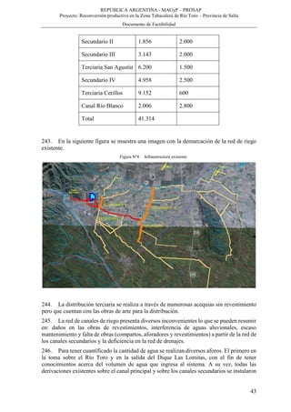 REPÚBLICA ARGENTINA - MAGyP – PROSAP
Proyecto: Reconversión productiva en la Zona Tabacalera de Río Toro – Provincia de Salta
Documento de Factibilidad
43
Secundario II 1.856 2.000
Secundario III 3.143 2.000
Terciaria San Agustín 6.200 1.500
Secundario IV 4.958 2.500
Terciaria Cerillos 9.152 600
Canal Río Blanco 2.006 2.800
Total 41.314
243. En la siguiente figura se muestra una imagen con la demarcación de la red de riego
existente.
Figura Nº4. Infraestructura existente
244. La distribución terciaria se realiza a través de numerosas acequias sin revestimiento
pero que cuentan con las obras de arte para la distribución.
245. La red de canales de riego presenta diversos inconvenientes lo que se pueden resumir
en: daños en las obras de revestimientos, interferencia de aguas aluvionales, escaso
mantenimiento y falta de obras (compartos, aforadores y revestimientos) a partir de la red de
los canales secundarios y la deficiencia en la red de drenajes.
246. Para tener cuantificado la cantidad de agua se realizan diversos aforos. El primero en
la toma sobre el Río Toro y en la salida del Dique Las Lomitas, con el fin de tener
conocimientos acerca del volumen de agua que ingresa al sistema. A su vez, todas las
derivaciones existentes sobre el canal principal y sobre los canales secundarios se instalaron
 