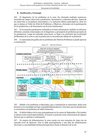 REPÚBLICA ARGENTINA - MAGyP – PROSAP
Proyecto: Reconversión productiva en la Zona Tabacalera de Río Toro – Provincia de Salta
Documento de Factibilidad
47
B. Justificación y Estrategia
262. El diagnóstico de los problemas en la zona, fue efectuado mediante numerosos
recorridos de campo, entrevistas a productores, funcionarios y referentes del área. Aparte de
las entrevistas se recopilaron antecedentes y se realizaron talleres participativos, entre los
que se destaca el Taller de Árbol de Problemas y Objetivos, efectuado con la participación
de los productores y de funcionarios de diversas instituciones.
263. En la encuesta a productores realizada en el marco del proyecto, también se realizaron
diferentes consultas relacionadas con el diagnóstico y percepción de problemas por parte de
los productores. Luego de realizadas estas tareas, se llegó a la conclusión que la principal
problemática de la zona es que la producción se encuentra por debajo de su potencial.
264. La representación gráfica de los problemas del Árbol de Problemas se puede apreciar
a continuación.
Figura Nº5. Árbol de Problemas
Falta de infra
estructura
Aluvional
Agua
turbia
Bajo rendimiento
producción
Falta de
tratamiento
de agua
Contaminación
por Boro
Déficit de agua
en primavera
Infraestructura
de riego
deteriorada
Altos costos de energía por
bombeo. Fuerte explotación
del acuífero
Debilidad
Institucional
Turnos de
riego
irregulares
Pérdida de
capacidad
del dique
Oferta de agua
Limitada
Mala calidad
de Agua
Malas
Practicas
riego
Practicas
agrícolas
inadecuadas
Monocultivo
Baja valor económico agregado
Productores con problemas financieros.
Baja Sustentabilidad Productiva en general
CONSECUENCIAS
PROBLEMAS
CAUSAS
Deficiente
sistema de
Conducción y
Distribución
Agotamiento
de suelos
Problemas
fitosanitarios
Erosión en red
de riego y vial
Altos costos de
mantenimiento y
reparación de obras
265. Debido a los problemas evidenciados, que a continuación se mencionan, dicha zona
presenta en la actualidad una baja sustentabilidad productiva. Esto hace que los productores
se encuentren con problemas de índole financiera.
266. El déficit hídrico de la zona, principalmente en los meses de Septiembre a Noviembre
se detecta como el principal problema. El mismo se presenta como consecuencia de algunos
factores que se analizan a continuación.
267. En materia de Infraestructura, la zona cuenta con una estructura de riego con un
marcado nivel de deterioro. Esto se debe principalmente a una falta de infraestructura
aluvional y a una debilidad institucional para hacer frente al deterioro de la red.
 