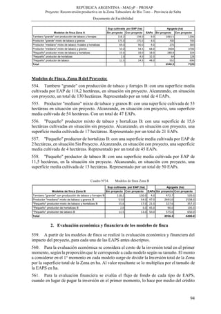 REPÚBLICA ARGENTINA - MAGyP – PROSAP
Proyecto: Reconversión productiva en la Zona Tabacalera de Río Toro – Provincia de Salta
Documento de Factibilidad
94
Modelos de Finca, Zona B del Proyecto:
554. Tambero "grande" con producción de tabaco y forrajes B: con una superficie media
cultivada por EAP de 118,2 hectáreas, en situación sin proyecto. Alcanzando, en situación
con proyecto, un total de 130 hectáreas. Representado por un total de 4 EAPs.
555. Productor "mediano" mixto de tabaco y granos B: con una superficie cultivada de 53
hectáreas en situación sin proyecto. Alcanzando, en situación con proyecto, una superficie
media cultivada de 54 hectáreas. Con un total de 47 EAPs.
556. "Pequeño" productor mixto de tabaco y hortalizas B: con una superficie de 15,6
hectáreas cultivadas en situación sin proyecto. Alcanzando, en situación con proyecto, una
superficie media cultivada de 17 hectáreas. Representado por un total de 21 EAPs.
557. "Pequeño" productor de hortalizas B: con una superficie media cultivada por EAP de
2 hectáreas, en situación Sin Proyecto. Alcanzando, en situación con proyecto, una superficie
media cultivada de 4 hectáreas. Representado por un total de 45 EAPs.
558. "Pequeño" productor de tabaco B: con una superficie media cultivada por EAP de
11,5 hectáreas, en la situación sin proyecto. Alcanzando, en situación con proyecto, una
superficie media cultivada de 13 hectáreas. Representado por un total de 50 EAPs.
Cuadro Nº34. Modelos de finca Zona B
2. Evaluación económica y financiera de los modelos de finca
559. A partir de los modelos de finca se realizó la evaluación económica y financiera del
impacto del proyecto, para cada una de las EAPS antes descriptos.
560. Para la evaluación económica se considera el costo de la inversión total en el primer
momento, según la proporción que le corresponde a cada modelo según su tamaño. El monto
a considerar en el 1° momento en cada modelo surge de dividir la Inversión total de la Zona
por la superficie total de la Zona en ha. Al valor resultante se lo multiplica por el tamaño de
la EAPS en ha.
561. Para la evaluación financiera se evalúa el flujo de fondo de cada tipo de EAPS,
cuando en lugar de pagar la inversión en el primer momento, lo hace por medio del crédito
Sin proyecto Con proyecto Sin proyecto Con proyecto
Tambero "grande" con producción de tabaco y forrajes 118.2 134.0 9.0 1063.5 1206
Productor "grande" mixto de tabaco y granos 175.0 175.0 4.0 700 700
Productor "mediano" mixto de tabaco, frutales y hortalizas 69.0 90.0 4.0 276 360
Productor "mediano" mixto de tabaco y granos 53.0 54.5 68.0 3604 3706
"Pequeño" productor mixto de tabaco y hortalizas 15.6 18.0 18.0 280.8 324
"Pequeño" productor de hortalizas 2.0 4.0 32.0 64 128
"Pequeño" productor de tabaco 11.5 14.5 48.0 552 696
Total 6540.3 7120
Sup cultivada por EAP (ha)
EAPs
Agrgada (ha)
Modelos de finca Zona A
Sin proyecto Con proyecto Sin proyecto Con proyecto
Tambero "grande" con producción de tabaco y forrajes B 118.2 130.0 4.0 472.7 520.0
Productor "mediano" mixto de tabaco y granos B 53.0 54.0 47.0 2491.0 2538.0
"Pequeño" productor mixto de tabaco y hortalizas B 15.6 17.0 21.0 327.6 357.0
"Pequeño" productor de hortalizas B 2.0 3.0 45.0 90.0 135.0
"Pequeño" productor de tabaco B 11.5 13.0 50.0 575.0 650.0
Total 3956.3 4200.0
Modelos de finca Zona B
Sup cultivada por EAP (ha)
EAPs
Agrgada (ha)
 