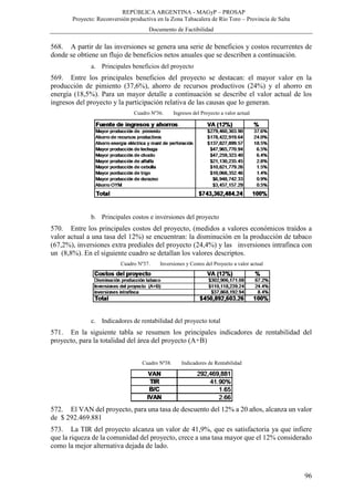 REPÚBLICA ARGENTINA - MAGyP – PROSAP
Proyecto: Reconversión productiva en la Zona Tabacalera de Río Toro – Provincia de Salta
Documento de Factibilidad
96
568. A partir de las inversiones se genera una serie de beneficios y costos recurrentes de
donde se obtiene un flujo de beneficios netos anuales que se describen a continuación.
a. Principales beneficios del proyecto
569. Entre los principales beneficios del proyecto se destacan: el mayor valor en la
producción de pimiento (37,6%), ahorro de recursos productivos (24%) y el ahorro en
energía (18,5%). Para un mayor detalle a continuación se describe el valor actual de los
ingresos del proyecto y la participación relativa de las causas que lo generan.
Cuadro Nº36. Ingresos del Proyecto a valor actual
b. Principales costos e inversiones del proyecto
570. Entre los principales costos del proyecto, (medidos a valores económicos traídos a
valor actual a una tasa del 12%) se encuentran: la disminución en la producción de tabaco
(67,2%), inversiones extra prediales del proyecto (24,4%) y las inversiones intrafinca con
un (8,8%). En el siguiente cuadro se detallan los valores descriptos.
Cuadro Nº37. Inversiones y Costos del Proyecto a valor actual
c. Indicadores de rentabilidad del proyecto total
571. En la siguiente tabla se resumen los principales indicadores de rentabilidad del
proyecto, para la totalidad del área del proyecto (A+B)
Cuadro Nº38. Indicadores de Rentabilidad
572. El VAN del proyecto, para una tasa de descuento del 12% a 20 años, alcanza un valor
de $ 292.469.881
573. La TIR del proyecto alcanza un valor de 41,9%, que es satisfactoria ya que infiere
que la riqueza de la comunidad del proyecto, crece a una tasa mayor que el 12% considerado
como la mejor alternativa dejada de lado.
 
