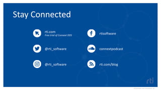 Stay Connected
rti.com
Free trial of Connext DDS
@rti_software
@rti_software
rtisoftware
rti.com/blog
connextpodcast
©2020 Real-Time Innovations, Inc.
 