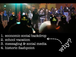 1.  economic social backdrop
2.  school vacation
3.  messaging & social media
4.  historic ﬂashpoint
 