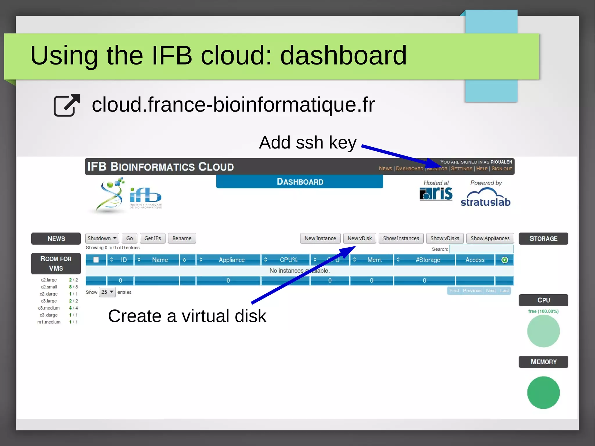 Using the IFB cloud: dashboard
cloud.france-bioinformatique.fr
Add ssh key
Create a virtual disk
 