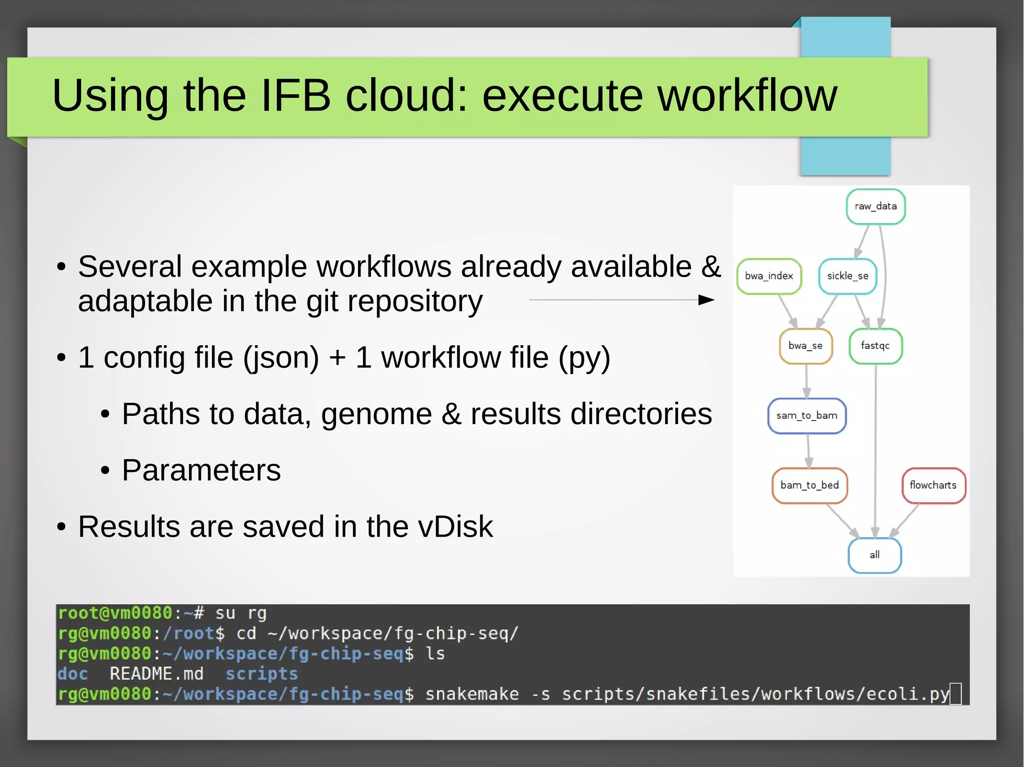 Using the IFB cloud: execute workflow
● Several example workflows already available &
adaptable in the git repository
● 1 config file (json) + 1 workflow file (py)
● Paths to data, genome & results directories
● Parameters
● Results are saved in the vDisk
 