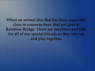 When an animal dies that has been especially
    close to someone here, that pet goes to
Rainbow Bridge. There are meadows and hills
 for all of our special friends so they can run
               and play together.
 