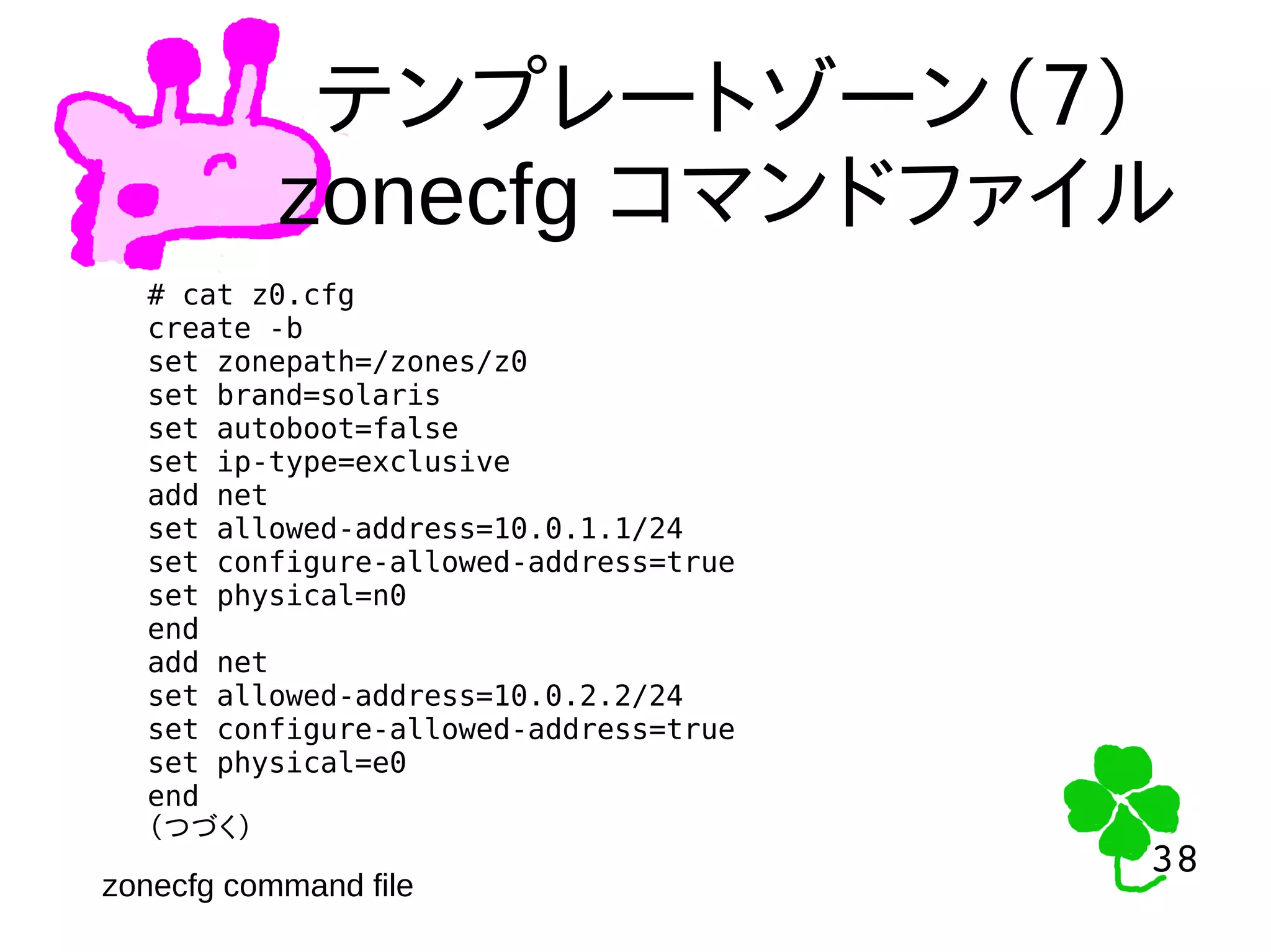 38
38
テンプレートゾーン（７）
zonecfg コマンドファイル
# cat z0.cfg
create -b
set zonepath=/zones/z0
set brand=solaris
set autoboot=false
set ip-type=exclusive
add net
set allowed-address=10.0.1.1/24
set configure-allowed-address=true
set physical=n0
end
add net
set allowed-address=10.0.2.2/24
set configure-allowed-address=true
set physical=e0
end
（つづく）
zonecfg command file
 
