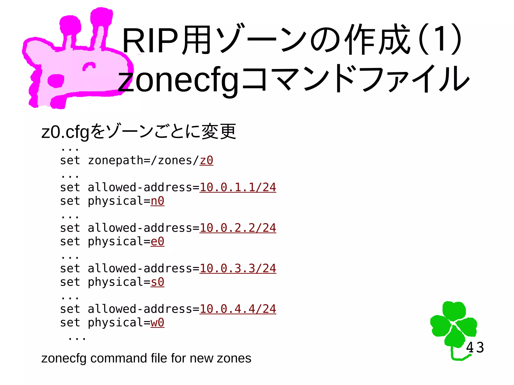 43
43
RIP用ゾーンの作成（１）
zonecfgコマンドファイル
z0.cfgをゾーンごとに変更
...
set zonepath=/zones/z0
...
set allowed-address=10.0.1.1/24
set physical=n0
...
set allowed-address=10.0.2.2/24
set physical=e0
...
set allowed-address=10.0.3.3/24
set physical=s0
...
set allowed-address=10.0.4.4/24
set physical=w0
...
zonecfg command file for new zones
 