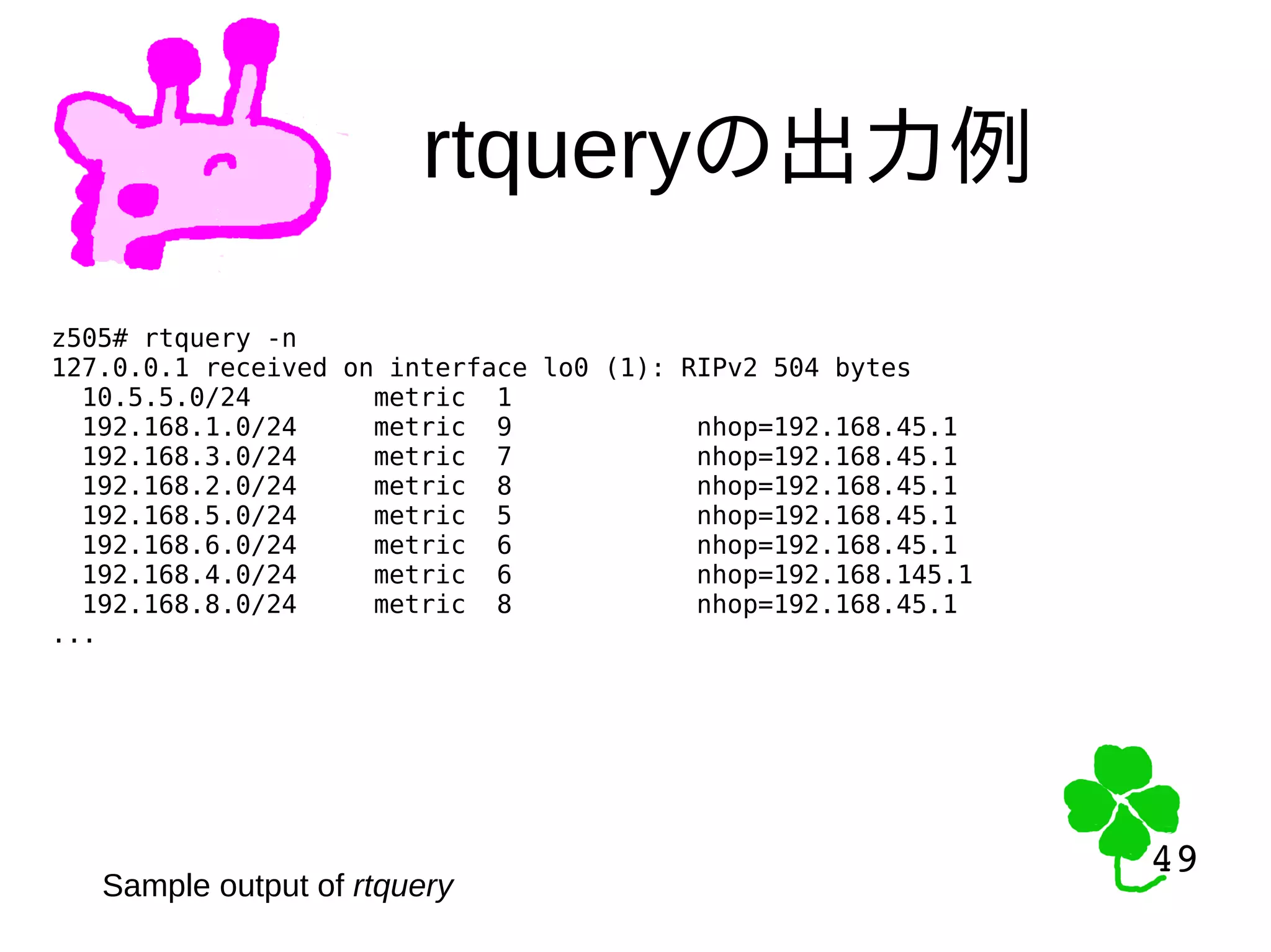 49
49
rtqueryの出力例
z505# rtquery -n
127.0.0.1 received on interface lo0 (1): RIPv2 504 bytes
10.5.5.0/24 metric 1
192.168.1.0/24 metric 9 nhop=192.168.45.1
192.168.3.0/24 metric 7 nhop=192.168.45.1
192.168.2.0/24 metric 8 nhop=192.168.45.1
192.168.5.0/24 metric 5 nhop=192.168.45.1
192.168.6.0/24 metric 6 nhop=192.168.45.1
192.168.4.0/24 metric 6 nhop=192.168.145.1
192.168.8.0/24 metric 8 nhop=192.168.45.1
...
Sample output of rtquery
 
