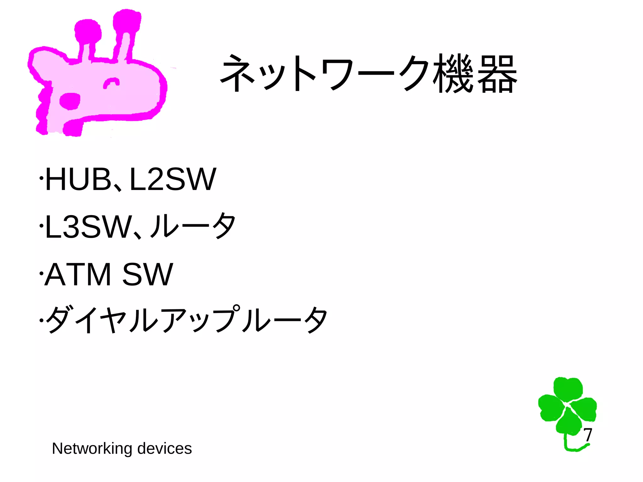 7
7
ネットワーク機器
•HUB、L2SW
•L3SW、ルータ
•ATM SW
•ダイヤルアップルータ
Networking devices
 
