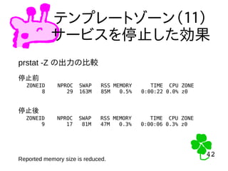 42
42
テンプレートゾーン（１１）
サービスを停止した効果
prstat -Z の出力の比較
ZONEID NPROC SWAP RSS MEMORY TIME CPU ZONE
8 29 163M 85M 0.5% 0:00:22 0.0% z0
ZONEID NPROC SWAP RSS MEMORY TIME CPU ZONE
9 17 81M 47M 0.3% 0:00:06 0.3% z0
停止前
停止後
Reported memory size is reduced.
 