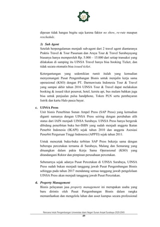 Rencana Induk Pengembangan Universitas Islam Negeri Sunan Ampel Surabaya 2020-2045
49
dipesan tidak hangus begitu saja karena faktor no show, re-rute maupun
reschedule.
3) Sub Agent
Setelah berpengalaman menjadi sub-agent dari 2 travel agent diantaranya
Praktis Travel & Tour Pasuruan dan Araya Tour & Travel Surabayayang
biasanya hanya memperoleh Rp. 5.000 – 15.000 dari setiap transaksi yang
dilakukan di samping itu UINSA Travel hanya bisa booking Ticket, dan
tidak secara otomatis bisa issued ticket.
Ketergantungan yang sedemikian rumit itulah yang kemudian
menyemangati Pusat Pengembangan Bisnis untuk menjalin kerja sama
operasional (KSO) dengan PT. Darmawisata Indonesia Tour & Travel
yang sampai akhir tahun 2016 UINSA Tour & Travel dapat melakukan
booking & issued tiket pesawat, hotel, kereta api, bus malam bahkan juga
bisa untuk penjualan pulsa handphone, Token PLN serta pembayaran
listrik dan kartu Halo pasca bayar.
c. UINSA Press
Unit bisnis Penerbitan Sunan Ampel Press (SAP Press) yang kemudian
diganti namanya dengan UINSA Press seiring dengan perubahan alih
status dari IAIN menjadi UINSA Surabaya. UINSA Press hanya bergerak
dibidang penerbitan buku ber-ISBN yang sudah menjadi anggota Ikatan
Penerbit Indonesia (IKAPI) sejak tahun 2010 dan anggota Asosiasi
Penerbit Perguruan Tinggi Indonesia (APPTI) sejak tahun 2011.
Untuk mencetak buku-buku terbitan SAP Press bekerja sama dengan
beberapa percetakan ternama di Surabaya, Malang dan Semarang yang
dituangkan dalam pakta Kerja Sama Operasional (KSO) yang
ditandangani Rektor dan pimpinan perusahaan percetakan.
Sebenarnya sejak adanya Pusat Percetakan di UINSA Surabaya, UINSA
Press sudah bukan menjadi tanggung jawab Pusat Pengembangan Bisnis
sehingga pada tahun 2017 mendatang semua tanggung jawab pengelolaan
UINSA Press akan menjadi tanggung jawab Pusat Percetakan.
d. Property Management
Bisnis pelayanan jasa property management ini merupakan usaha yang
baru dirintis oleh Pusat Pengembangan Bisnis dalam rangka
memanfaatkan dan mengelola lahan dan asset kampus secara professional
 