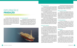 bacia de santos                                                         No poço 6-MLL-70-RJS (Tracajá), perfurado próximo
                                                                                                                                     Foi descoberto óleo leve a 2200 m de profundidade         a Marlim Leste, constatou-se a presença de reservatórios de
                                                                                                                              no poço 1-SPS-76 (prospecto Marujá), perfurado no bloco          hidrocarbonetos no Pré-Sal a uma profundidade de 4.442 m,
                                                                                                                              S-M-1352. O poço está localizado a cerca de 215 km da            em lâmina d’água de 1366 m, a 124 km da costa.

     ExPlORAçãO E                                                                                                             costa, em lâmina d’água de 400 m, e a aproximadamente
                                                                                                                              15 km das acumulações de Tiro e Sidon.                           bacia do soLiMões

     proDUção                                                                                                                         Foi constatada acumulação de óleo de boa quali-                 A Petrobras fez uma importante descoberta de pe-
                                                                                                                              dade (30º API) com a perfuração do poço 2-ANP-1-RJS, no          tróleo de excelente qualidade (46º API) e gás associado na
                                                                                                                              prospecto Franco, a 195 km da costa, em lâmina d’água            Bacia de Solimões, com a perfuração do poço 1-ICB-1-AM
                                                                                                                              de 1889 m. Estimativas preliminares indicam volumes re-          (Igarapé Chibata nº 1), que atingiu profundidade de 3485 m.
                                                                                                                              cuperáveis da ordem de três bilhões de barris de petróleo.       A descoberta localiza-se na província petrolífera de Urucu.
                                                                                                                              Franco é uma das áreas da Cessão Onerosa.                        O Teste de Longa Duração (TLD) iniciado em setembro de
            Em 2010, a Petrobras consolidou o sucesso da ati-     bacia de sergiPe                                                   Em 2010, no Plano de Avaliação de Tupi, que incluiu       2010 indica capacidade de produção de 2500 bpd.
     vidade exploratória no Pré-Sal e no pós-sal das bacias              Foi identificada uma nova província petrolífera em   as áreas de Tupi e de Iracema, foram perfurados cinco poços
     brasileiras no Sul e no Sudeste. Também desbravou nova       águas ultraprofundas nessa bacia de Sergipe com a per-      exploratórios e um poço injetor de gás e iniciada a perfuração   cessÃo onerosa
     fronteira petrolífera na costa de Sergipe, fortalecendo os   furação do poço 1-SES-158, denominado prospecto Barra,      de mais três poços (um para o Piloto de Produção). No fim               Em 2010, foi sancionada a Lei nº 12.276, de
     alicerces para que a produção de petróleo no país conti-     a uma profundidade aproximada de 4700 m. Com esse           do ano foi declarada a comercialidade de duas acumulações        30/06/2010, referente à Cessão Onerosa. Essa lei autoriza
     nue sua trajetória de crescimento com sustentabilidade ao    poço, a ocorrência de gás e condensado foi comprovada a     nessas áreas, denominadas campos de Lula e de Cernambi.          a União Federal a ceder onerosamente à Petrobras o exer-
     longo das próximas décadas.                                  cerca de 60 km da costa, em lâmina d’água de 2341 m.                                                                         cício das atividades de pesquisa e lavra de petróleo, de
                                                                                                                              bacia de caMPos                                                  gás natural e de outros hidrocarbonetos fluidos em áreas
                                                                                                                                      Na área de concessão de Marlim, a Petrobras cons-        não concedidas do Pré-Sal, limitando-se à produção de no
                                                                                                                              tatou a presença de uma jazida profunda em reservatórios         máximo cinco bilhões de boe.
                                                                                                                              do Pré-Sal, com óleo de boa qualidade (29º API). A desco-
                                                                                                                              berta foi resultado da perfuração do prospecto Brava, no         ProdUçÃo
                                                                                                                              poço 6-MRL-199D-RJS, em lâmina d’água de 648 m, em                       A Petrobras iniciou, em março de 2010, o TLD das
                                                                                                                              uma acumulação a 4460 m de profundidade. Estimativas             áreas de Tiro e Sidon, com a plataforma SS-11 Atlantic Ze-
                                                                                                                              preliminares apontam para volumes recuperáveis em tor-           phyr, com capacidade de produção de óleo de 20 mil bpd
                                                                                                                              no de 380 milhões de boe.                                        e de gás de 475.720 m3/dia. As jazidas estão localizadas
                                                                                                                                      A companhia descobriu duas acumulações de óleo de        no bloco BM-S-40, ao sul da Bacia de Santos, a cerca de
                                                                                                                              boa qualidade (29º API) no campo de Caratinga, em reservató-     210 km da costa.
                                                                                                                              rios de pós e Pré-Sal, com a perfuração do poço 6-CRT-43-RJS,            Em maio começou a produção no FPSO Capixaba,
                                                                                                                              conhecido como prospecto Carimbé, situado a 106 km da            no campo de Cachalote. Em julho foi conectado a esse FPSO
                                                                                                                              costa, em lâmina d’água de 1027 m. Em uma acumulação, a          (com capacidade para processar 100 mil bpd de óleo e 3,2
                                                                                                                              estimativa de volumes recuperáveis é de aproximadamente          milhões m³/dia de gás) um poço da seção Pré-Sal no campo
                                                                                                                              105 milhões de barris. Na outra, o potencial de volume recu-     de Baleia Franca. Esses campos ficam no Parque das Ba-
                                                                                                                              perável foi calculado em 360 milhões de boe.                     leias, no litoral sul do Espírito Santo, na Bacia de Campos.



12
 2   e X P Lo r aç Ão e P r o d U ç Ão                                                                                                                                                                                                  Pa n o r a M a 2 0 1 0   13
 