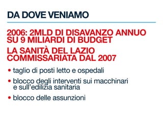 2006: 2MLD DI DISAVANZO ANNUO
SU 9 MILIARDI DI BUDGET
LA SANITÀ DEL LAZIO
COMMISSARIATA DAL 2007
DA DOVE VENIAMO
• taglio ...