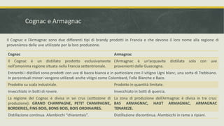 Cognac e Armagnac

Il Cognac e l’Armagnac sono due differenti tipi di brandy prodotti in Francia e che devono il loro nome alla regione di
provenienza delle uve utilizzate per la loro produzione.

Cognac                                                          Armagnac
Il Cognac è un distillato prodotto esclusivamente L’Armagnac è un’acquavite                        distillata   solo   con   uve
nell’omonima regione situata nella Francia settentrionale. provenienti dalla Guascogna.
Entrambi i distillati sono prodotti con uve di bacca bianca e in particolare con il vitigno Ugni blanc, una sorta di Trebbiano.
In percentuali minori vengono utilizzati anche vitigni come Colombard, Folle Blanche e Baco.
Prodotto su scala industriale.                                  Prodotto in quantità limitate.
Invecchiato in botti di rovere.                                 Invecchiato in botti di quercia.
La regione del Cognac è divisa in sei crus (sottozone di La zona di produzione dell’Armagnac è divisa in tre crus:
produzione): GRAND CHAMPAGNE, PETIT CHAMPAGNE, BAS ARMAGNAC, HAUT ARMAGNAC, ARMAGNAC
BORDERIES, FINS BOIS, BONS BOIS, BOIS ORDINAIRES.        TENAREZE.
Distillazione continua. Alambicchi “chiarentais”.               Distillazione discontinua. Alambicchi in rame a ripiani.
 
