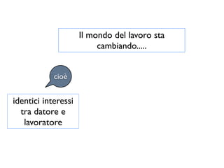 Il mondo del lavoro sta
                          cambiando.....


            cioè


identici interessi
  tra datore e
   lavoratore
 