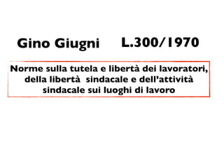 Gino Giugni            L.300/1970
Norme sulla tutela e libertà dei lavoratori,
  della libertà sindacale e dell’attività
      sindacale sui luoghi di lavoro
 